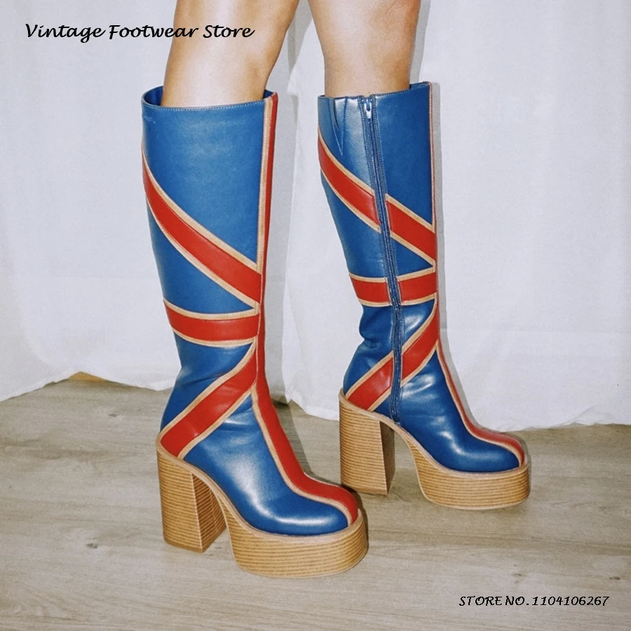 Knee High Boots Women - 패치 워크 가죽 플랫폼 무릎 부츠