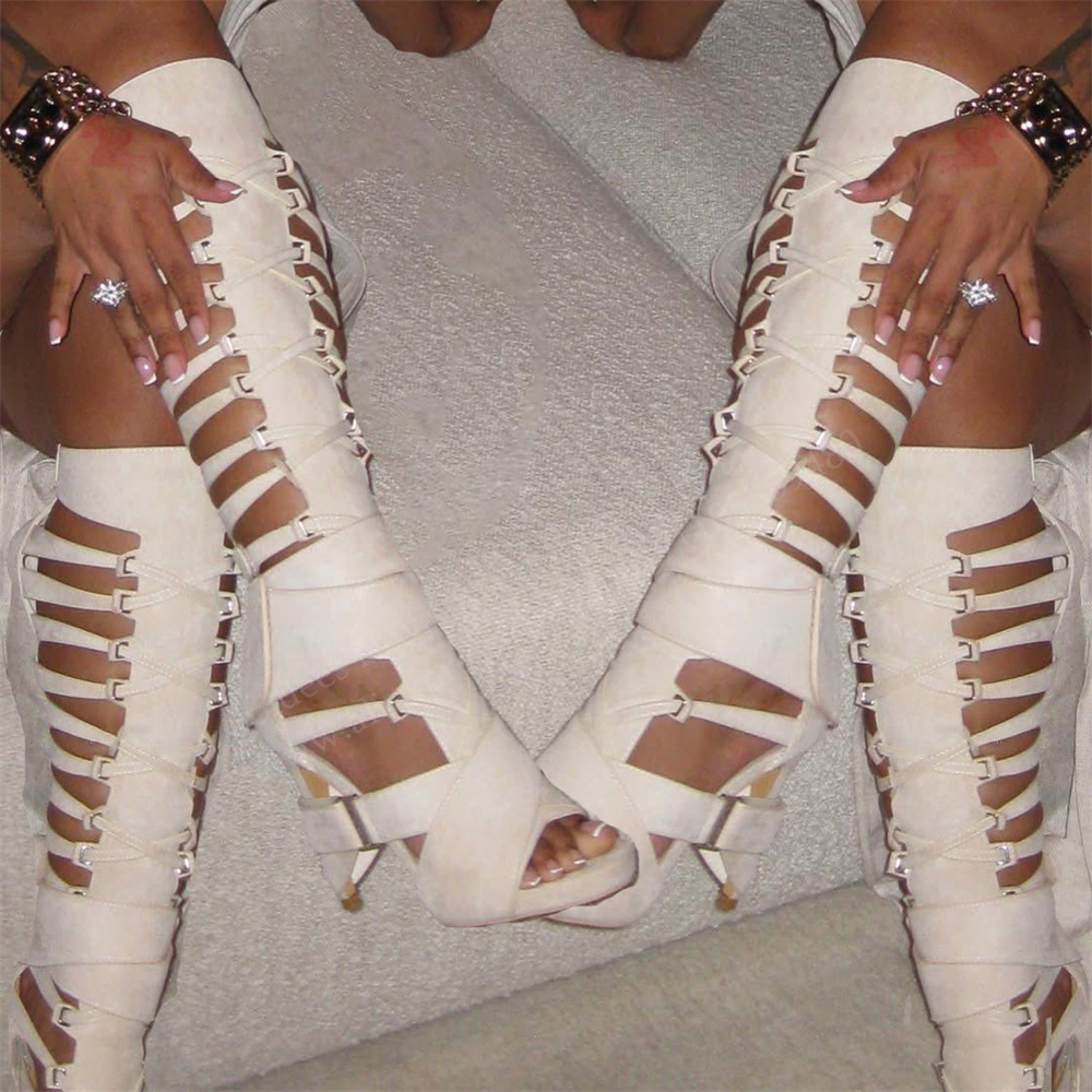 Knee High Boots Women - 글래디에이터 홀로우 벨트 버클 니하이 부츠