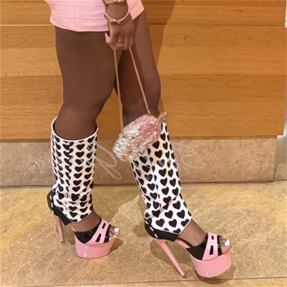 Knee High Boots Women - 여성 핑크 하트 장식 니하이 부츠