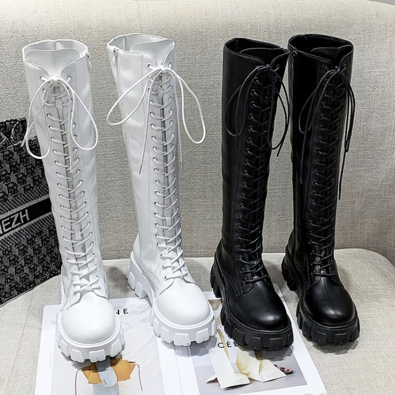 Knee High Boots Women - 여성용 니하이 부츠 레이스업 컴뱃 부티