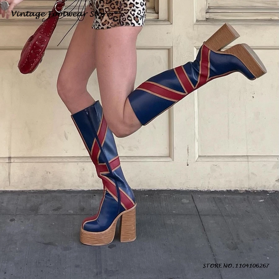 패치 워크 가죽 플랫폼 무릎 부츠 영국 스타일 라운드  - Knee High Boots Women 리뷰 및 가격