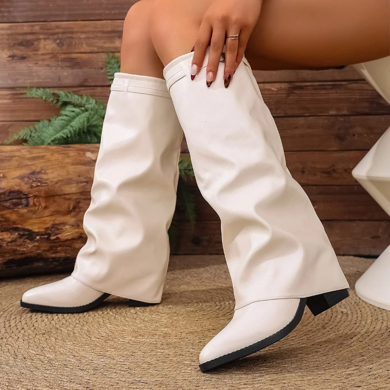 여성용 접이식 무릎 높이 부츠 패션 겨울 솔리드 컬러  - Wide Fit Heels 리뷰 및 가격