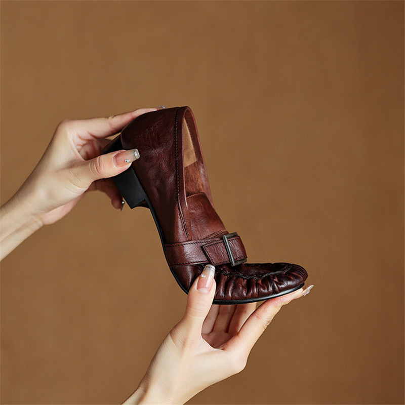 여성용 정품 가죽 펌프스, 여성용 주름진 라운드 토 슈 - Women Shoes With Heels 리뷰 및 가격