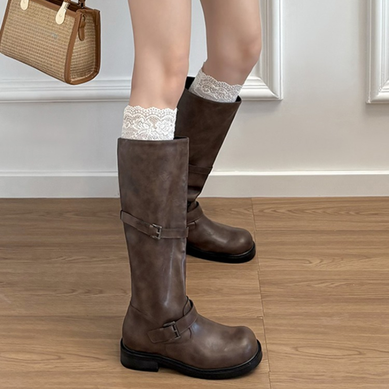 빈티지 벨트 버클 여성 니하이 부츠 우아한 낮은 굽 슬 - Knee High Boots Women 리뷰 및 가격