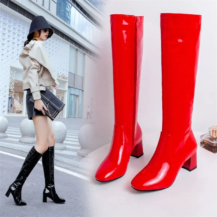 여성용 레드 화이트 에나멜 가죽 무릎 높이 부츠, 블록 - Knee High Boots Women 리뷰 및 가격