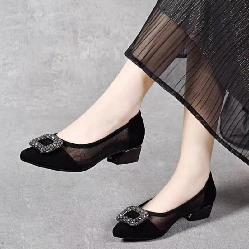 우아한 포인티드 토 메쉬 블록 힐 펌프스, 라인스톤 사 - Women Shoes With Heels 리뷰 및 가격