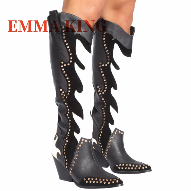 스터드 장식 웨스턴 카우보이 부츠 와이드 카프 카우걸  - Wide Fit Heels 리뷰 및 가격